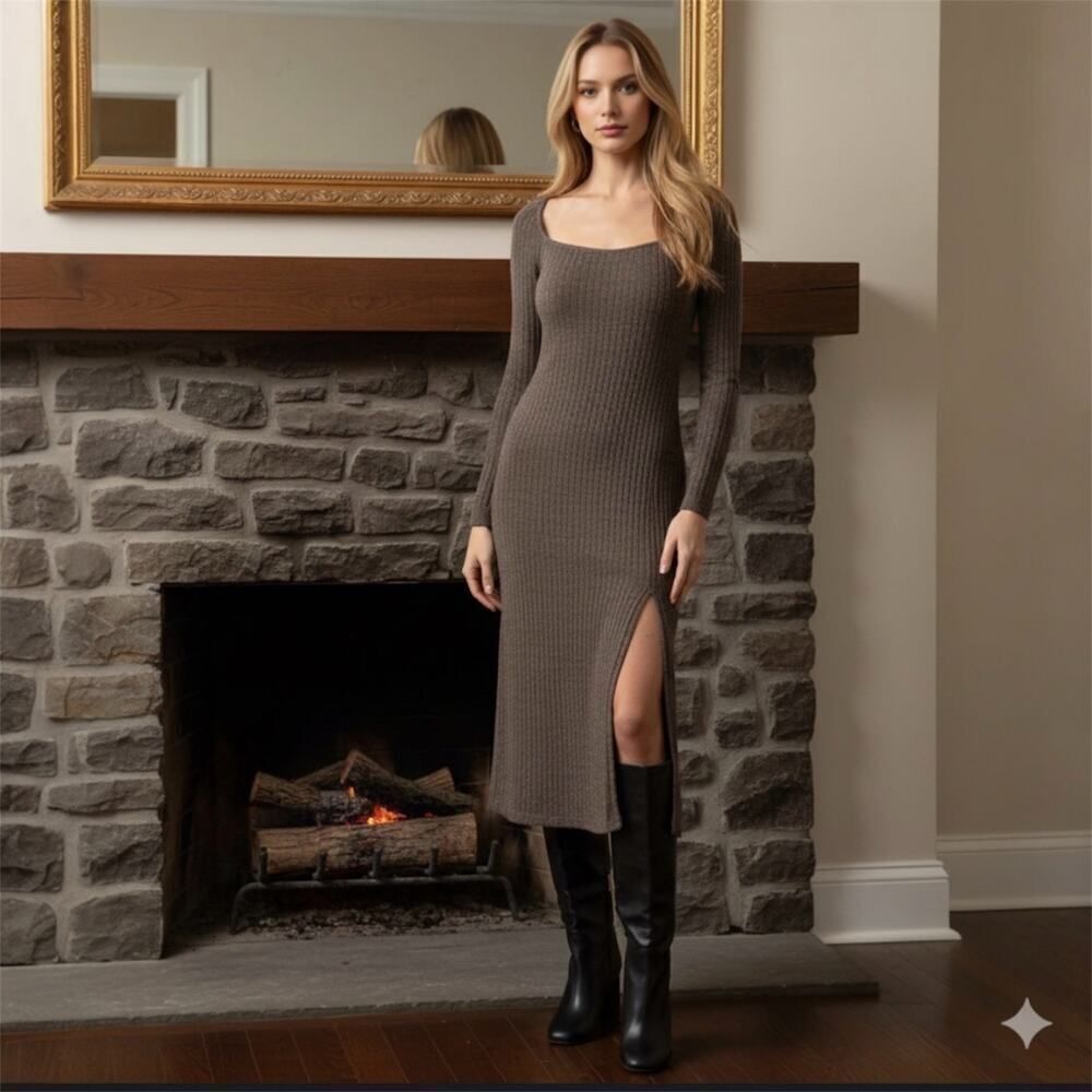 NWT ASTR The Label Hi-Slit Ribbed Brown Stretch Knit Midi Dress SZ Large Bodycon